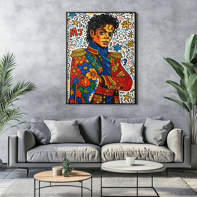 Vibrant pop art print featuring a stylized male music icon with curly hair wearing a colorful floral military-style jacket, with arms crossed, against a white background filled with colorful flowers, stars, and abstract doodles.