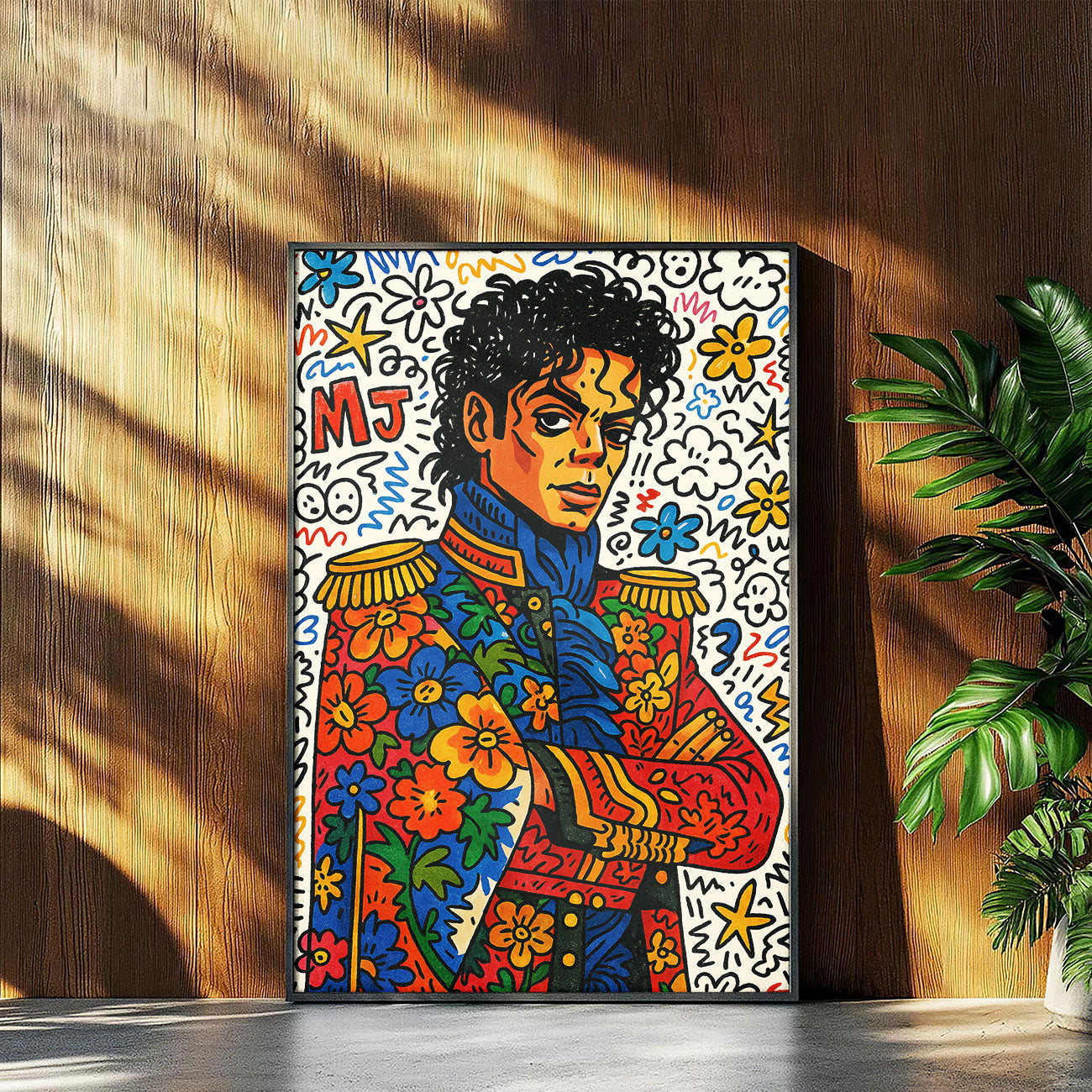 Vibrant pop art print featuring a stylized male music icon with curly hair wearing a colorful floral military-style jacket, with arms crossed, against a white background filled with colorful flowers, stars, and abstract doodles.