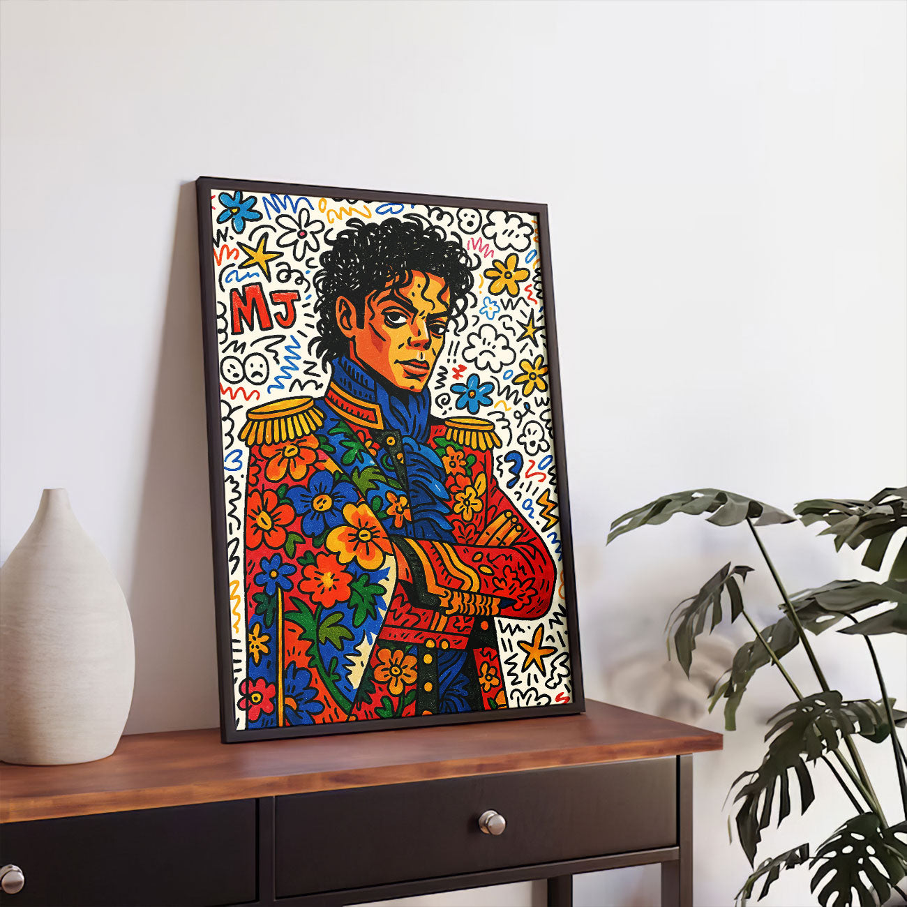 Vibrant pop art print featuring a stylized male music icon with curly hair wearing a colorful floral military-style jacket, with arms crossed, against a white background filled with colorful flowers, stars, and abstract doodles.
