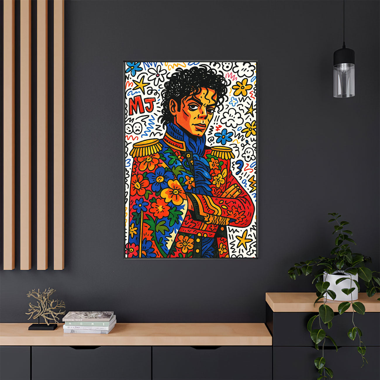 Vibrant pop art print featuring a stylized male music icon with curly hair wearing a colorful floral military-style jacket, with arms crossed, against a white background filled with colorful flowers, stars, and abstract doodles.