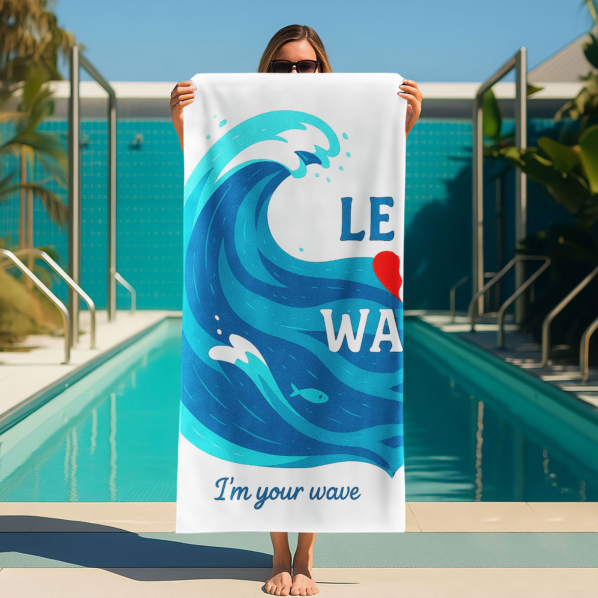 A couple holding up custom white beach towels with large blue wave designs and romantic phrases, "I'm your wave" and "You complete my tide," on a sunny beach.
