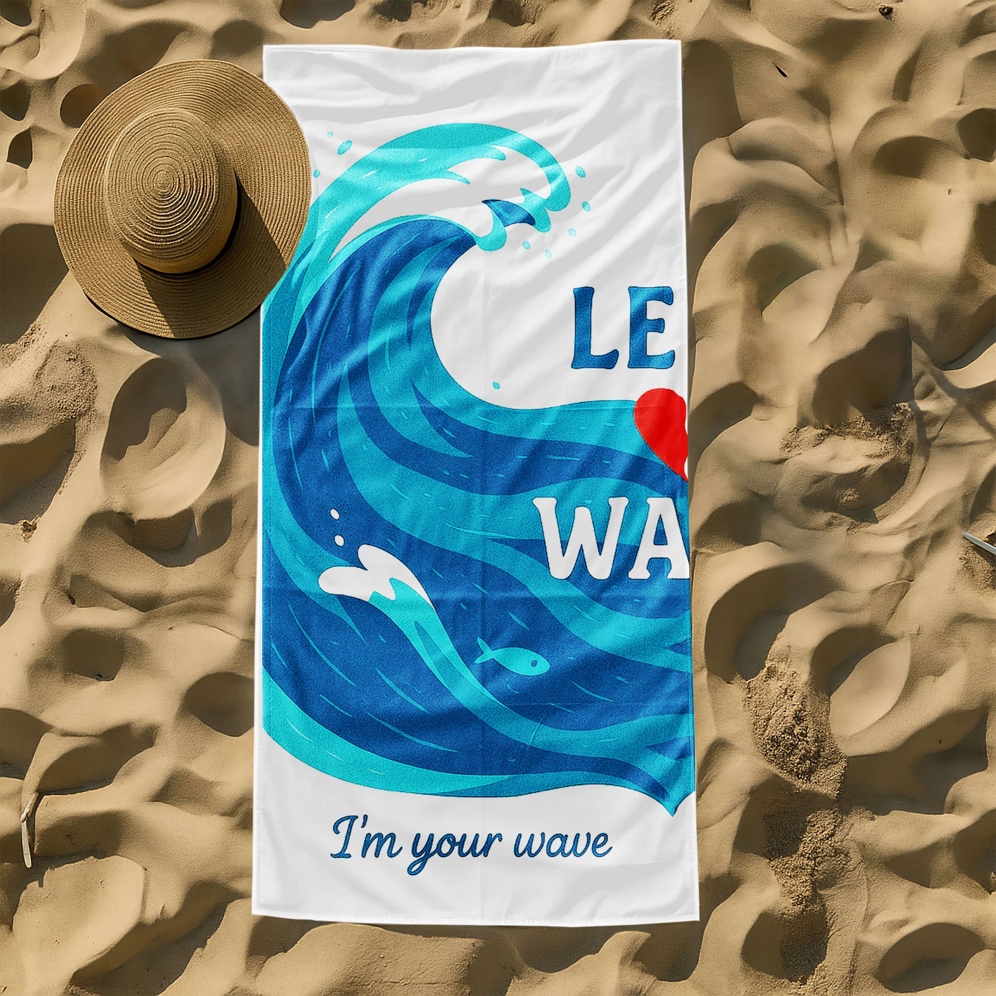 A couple holding up custom white beach towels with large blue wave designs and romantic phrases, "I'm your wave" and "You complete my tide," on a sunny beach.