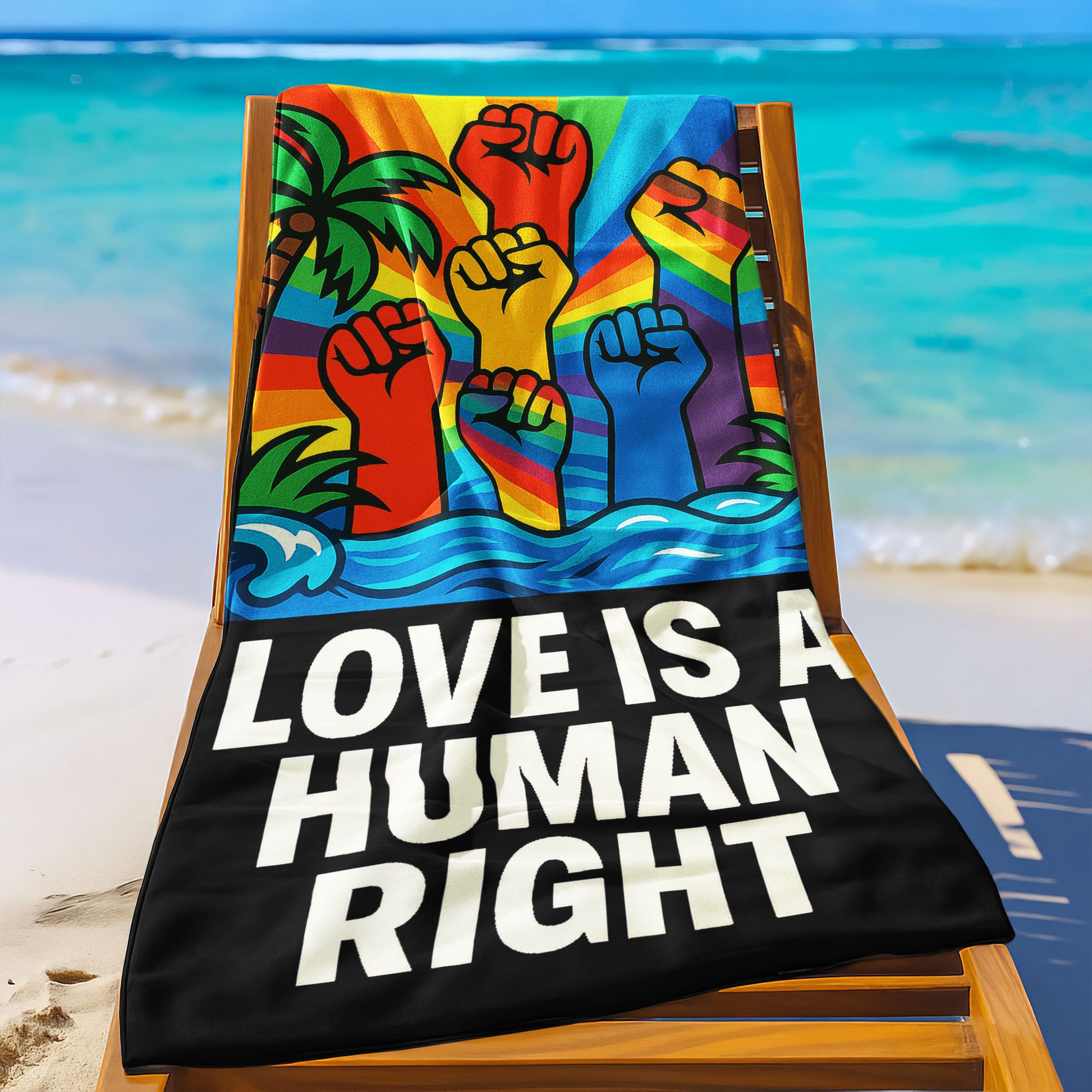 A person holding up a vibrant beach towel with a rainbow background featuring raised fists in various colors, tropical trees, and the bold text "LOVE IS A HUMAN RIGHT" on a black band at the bottom, on a sunny beach.