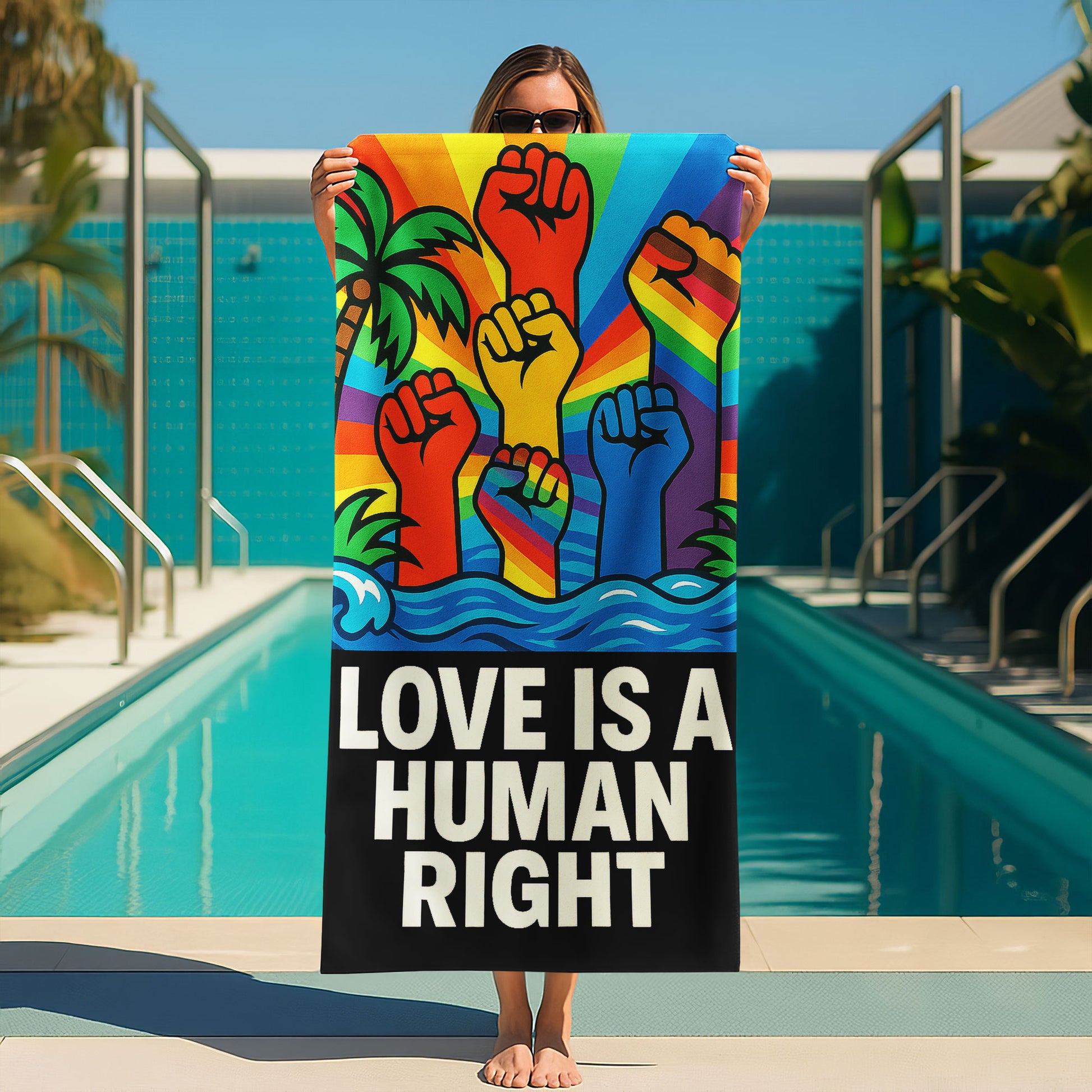 A person holding up a vibrant beach towel with a rainbow background featuring raised fists in various colors, tropical trees, and the bold text "LOVE IS A HUMAN RIGHT" on a black band at the bottom, on a sunny beach.