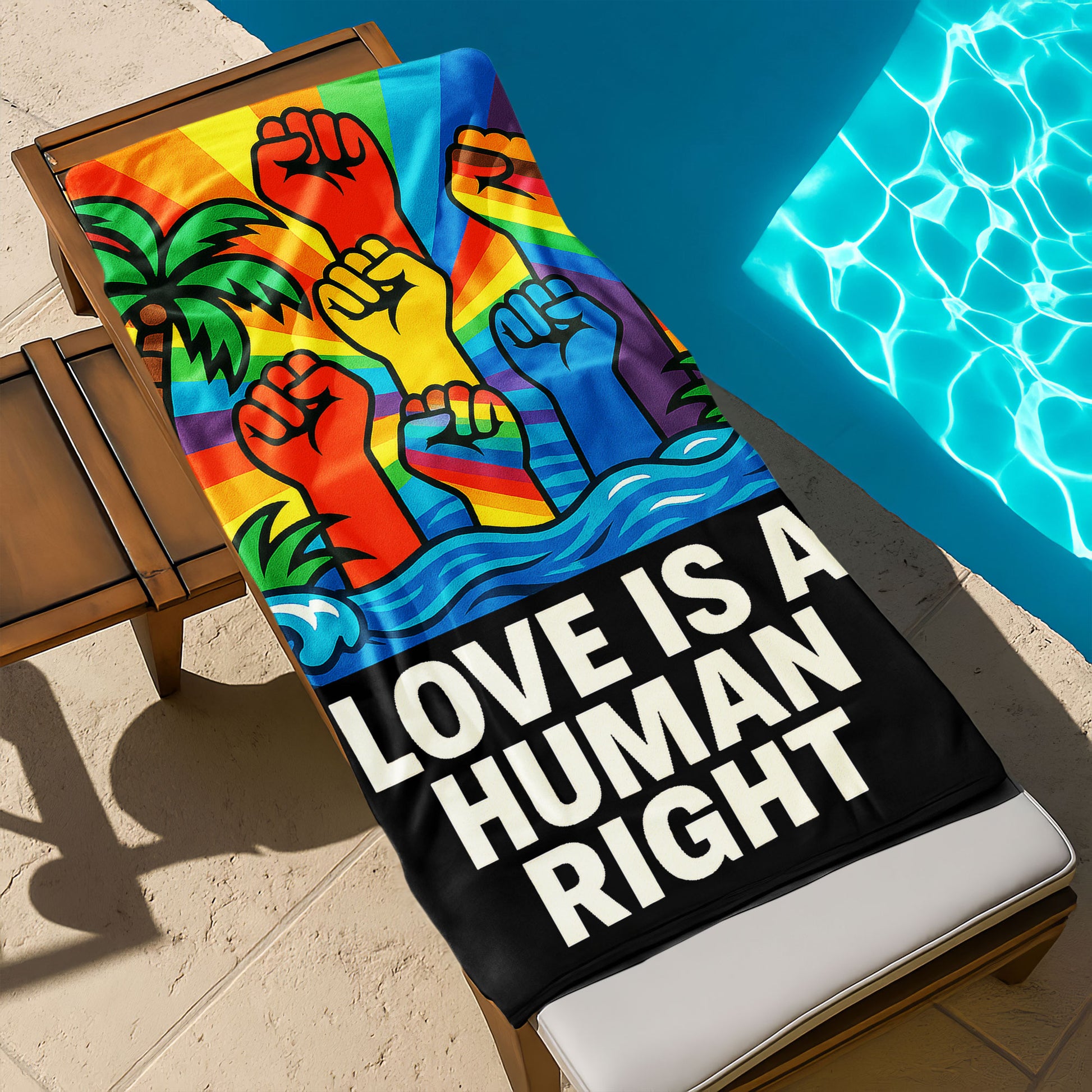 A person holding up a vibrant beach towel with a rainbow background featuring raised fists in various colors, tropical trees, and the bold text "LOVE IS A HUMAN RIGHT" on a black band at the bottom, on a sunny beach.