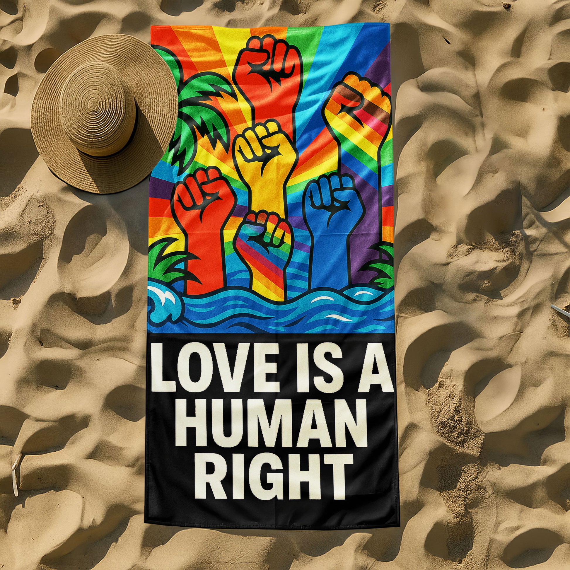 A person holding up a vibrant beach towel with a rainbow background featuring raised fists in various colors, tropical trees, and the bold text "LOVE IS A HUMAN RIGHT" on a black band at the bottom, on a sunny beach.