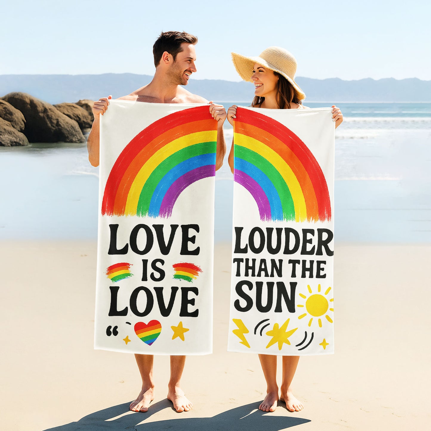 Two people holding up white beach towels with rainbow arches and text, one saying "LOVE IS LOVE" and the other "LOUDER THAN THE SUN," on a sandy beach under a clear sky.