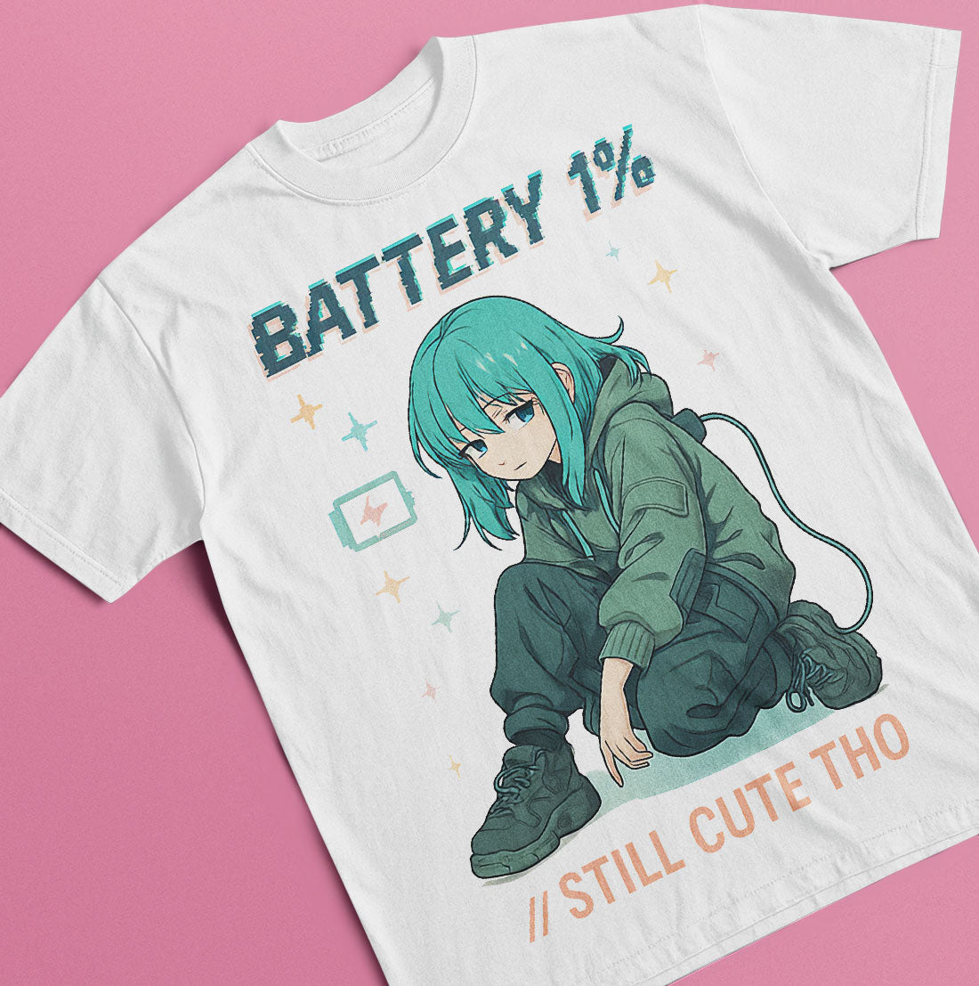 White graphic t-shirt featuring anime girl with teal hair and "BATTERY 1% - STILL CUTE THO" text