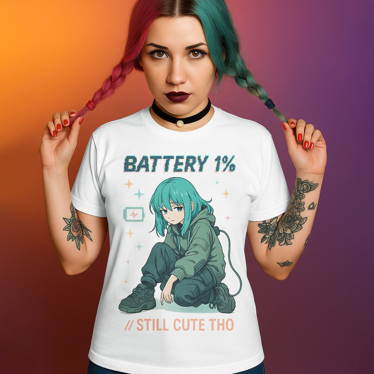 White graphic t-shirt featuring anime girl with teal hair and "BATTERY 1% - STILL CUTE THO" text