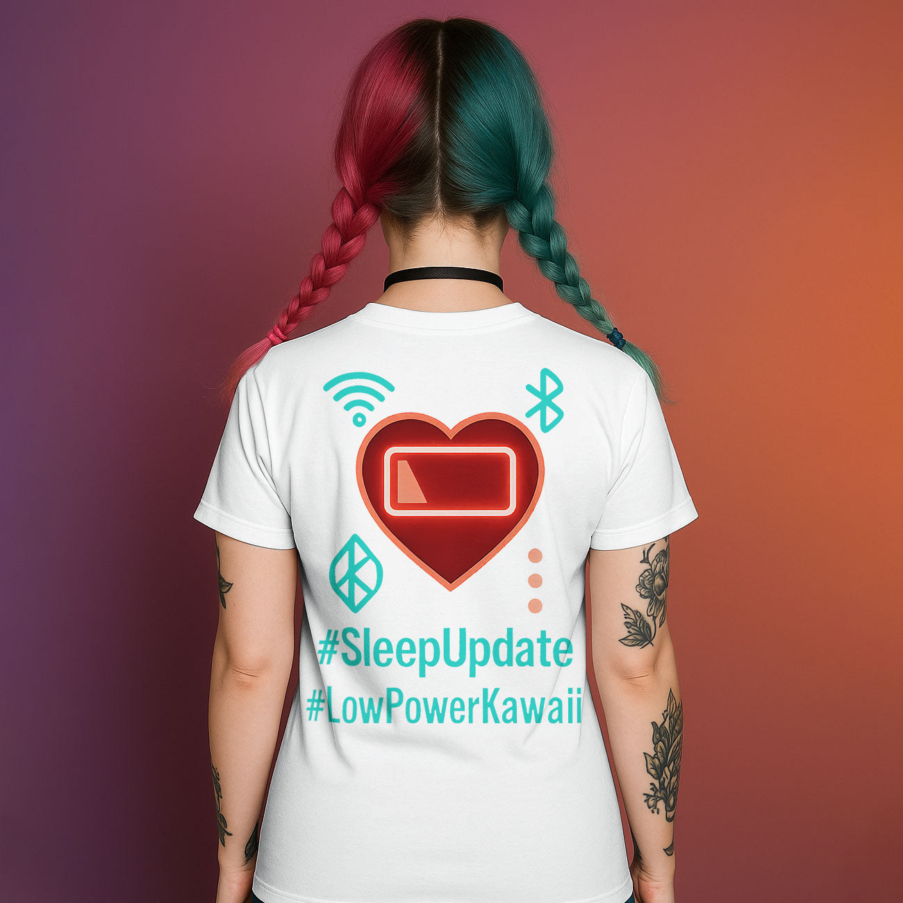 Back of white graphic t-shirt with glowing heart battery icon, Wi-Fi, Bluetooth symbols, and "#SleepUpdate #LowPowerKawaii" hashtags
