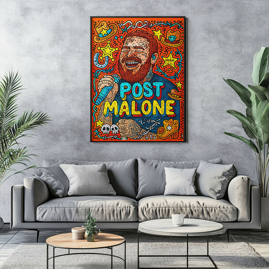 Vibrant pop art print featuring a stylized male music artist with a red beard, microphone, and various playful symbols on an orange background.