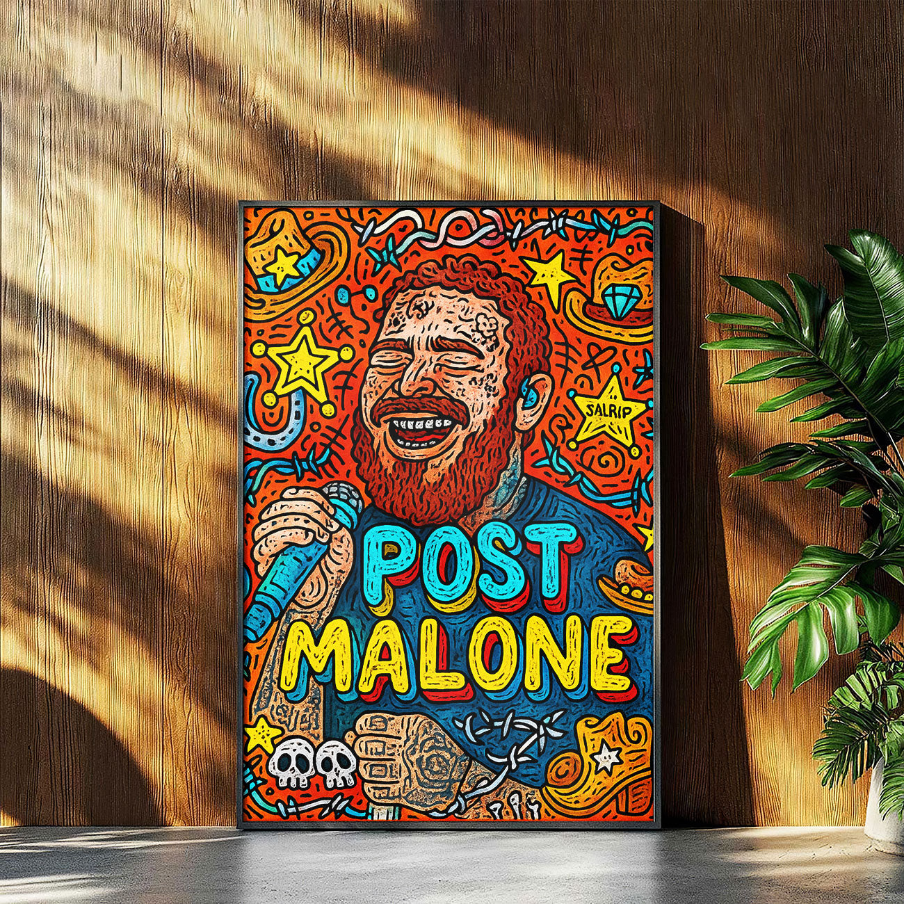Vibrant pop art print featuring a stylized male music artist with a red beard, microphone, and various playful symbols on an orange background.