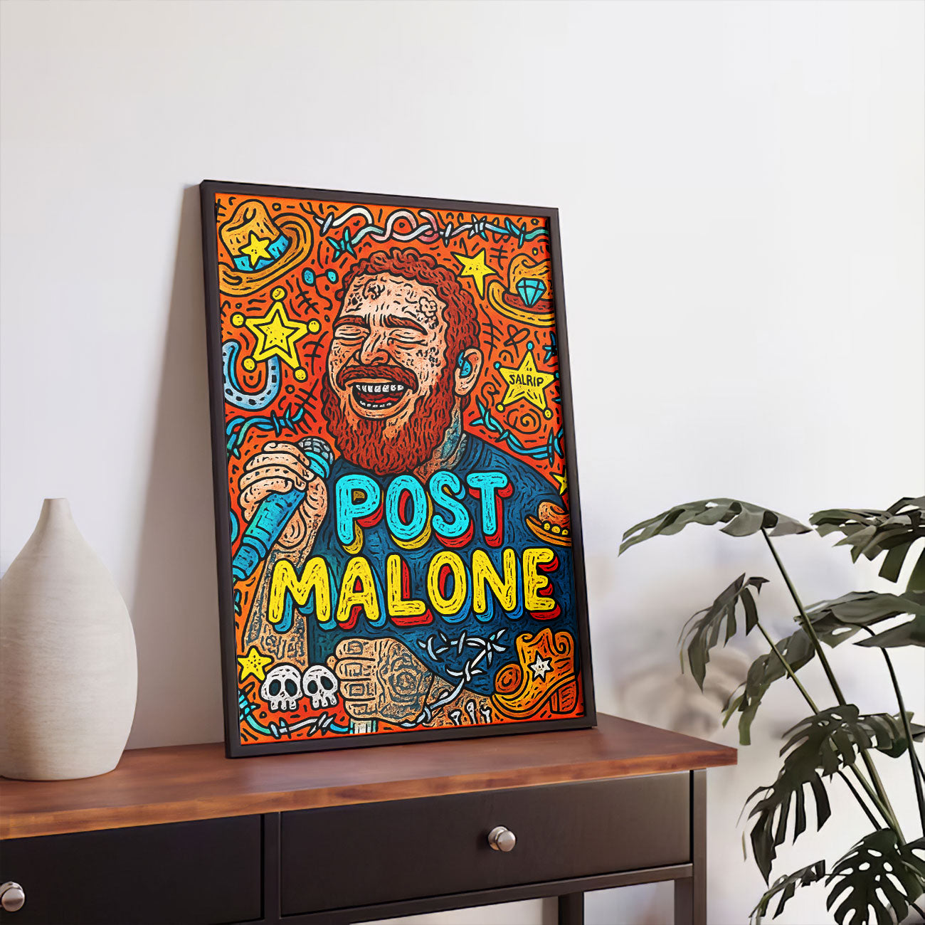 Vibrant pop art print featuring a stylized male music artist with a red beard, microphone, and various playful symbols on an orange background.