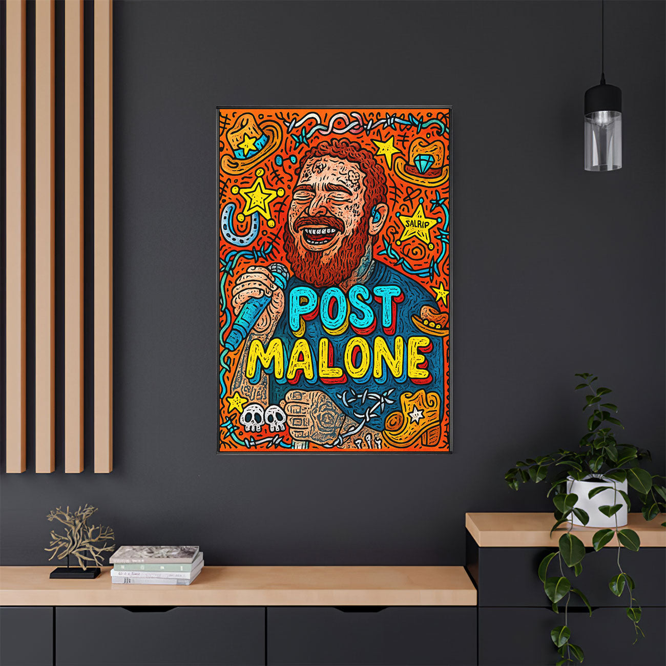 Vibrant pop art print featuring a stylized male music artist with a red beard, microphone, and various playful symbols on an orange background.