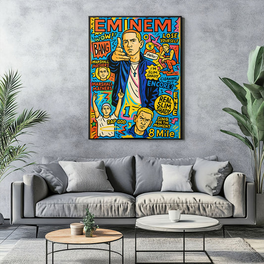 Vibrant pop art print featuring a stylized male rapper pointing, surrounded by text bubbles with famous song titles and lyrics, and smaller cartoon versions of himself, on a colorful background with musical notes and lightning bolts.