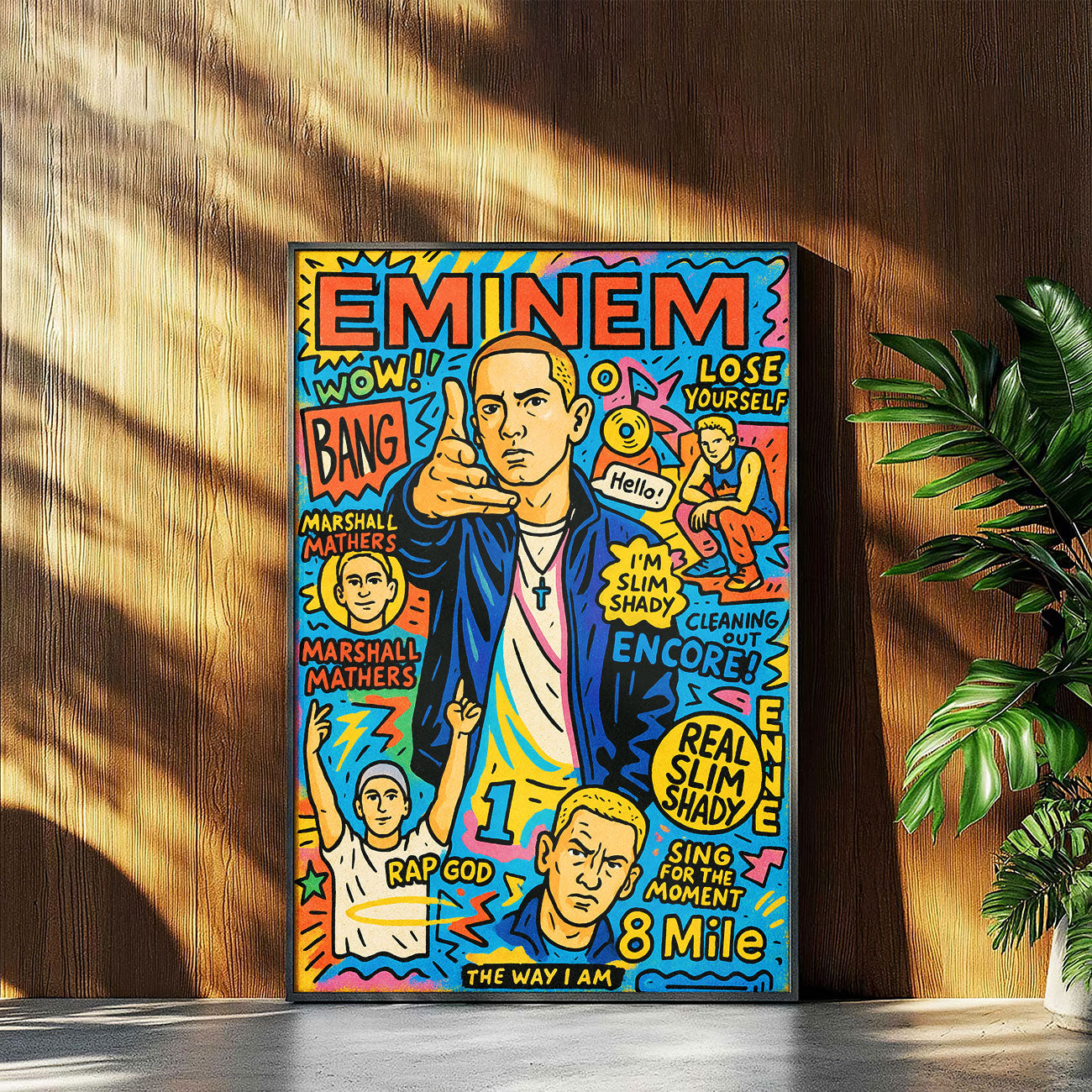 Vibrant pop art print featuring a stylized male rapper pointing, surrounded by text bubbles with famous song titles and lyrics, and smaller cartoon versions of himself, on a colorful background with musical notes and lightning bolts.