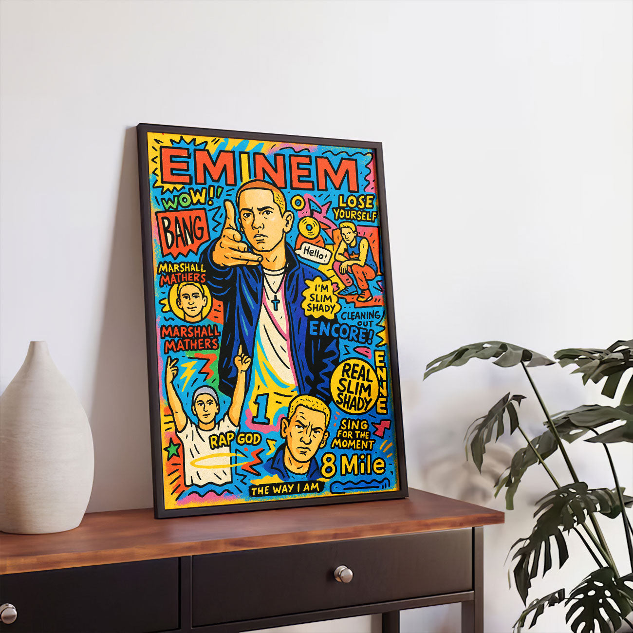 Vibrant pop art print featuring a stylized male rapper pointing, surrounded by text bubbles with famous song titles and lyrics, and smaller cartoon versions of himself, on a colorful background with musical notes and lightning bolts.