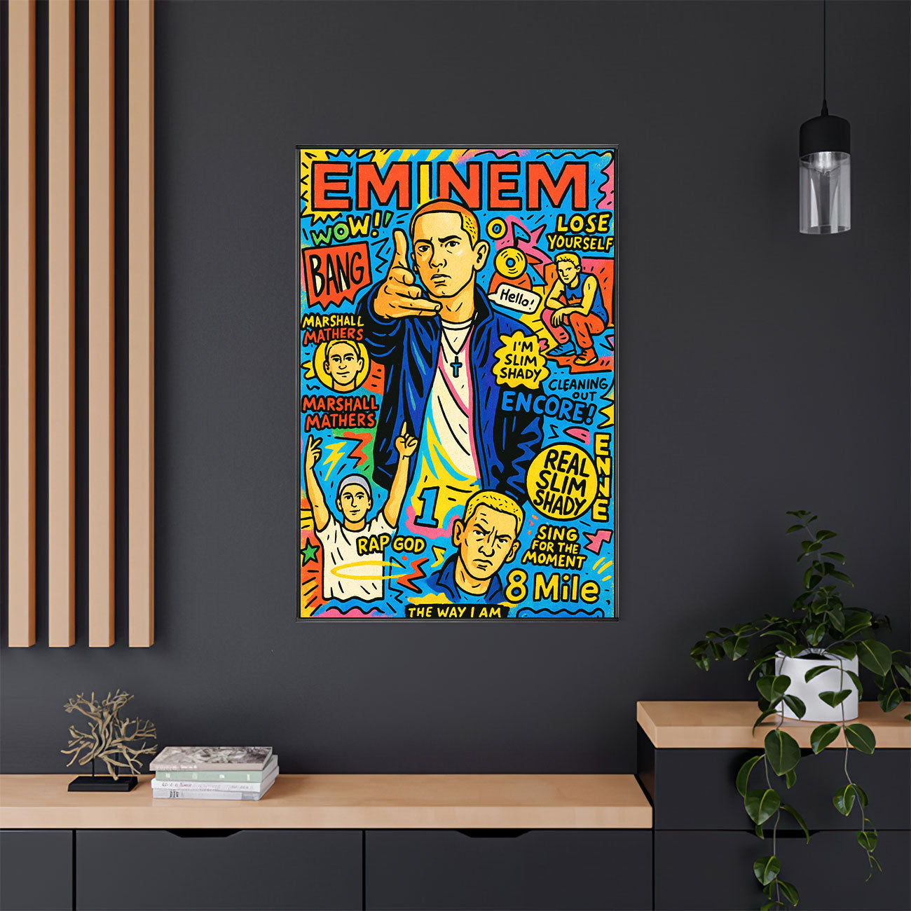 Vibrant pop art print featuring a stylized male rapper pointing, surrounded by text bubbles with famous song titles and lyrics, and smaller cartoon versions of himself, on a colorful background with musical notes and lightning bolts.