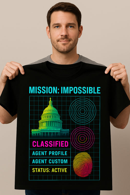 Men’s Black Graphic Cotton T-Shirt with Vibrant Classified Agent Profile Design for Spy and Adventure Fans