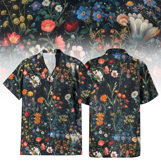 Dark Floral Garden Men's Hawaiian Shirt with rich botanical print.