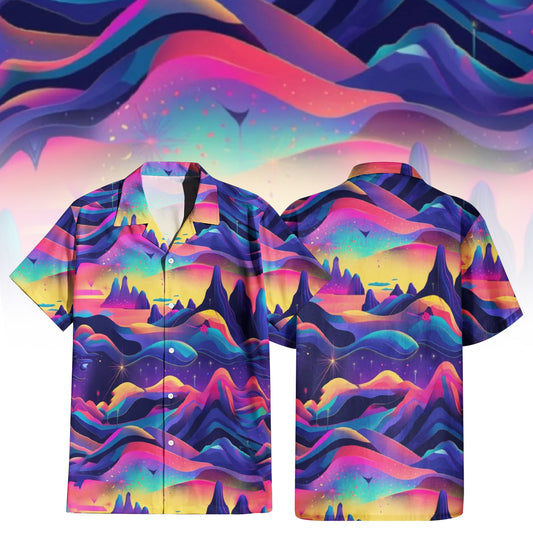 Psychedelic Rainbow Bowling Shirt with vibrant wavy landscape print.