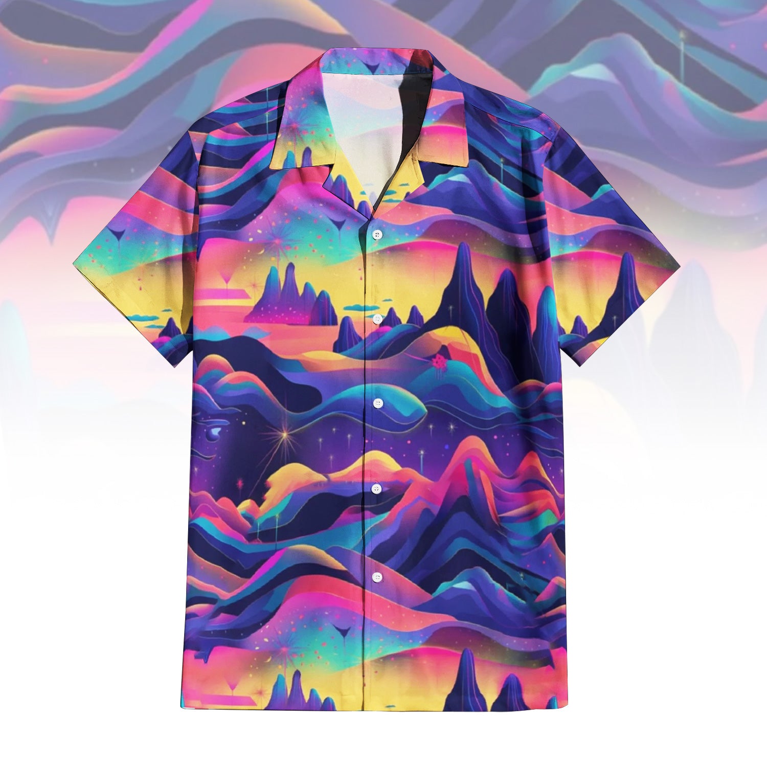 Psychedelic Rainbow Bowling Shirt with vibrant wavy landscape print.
