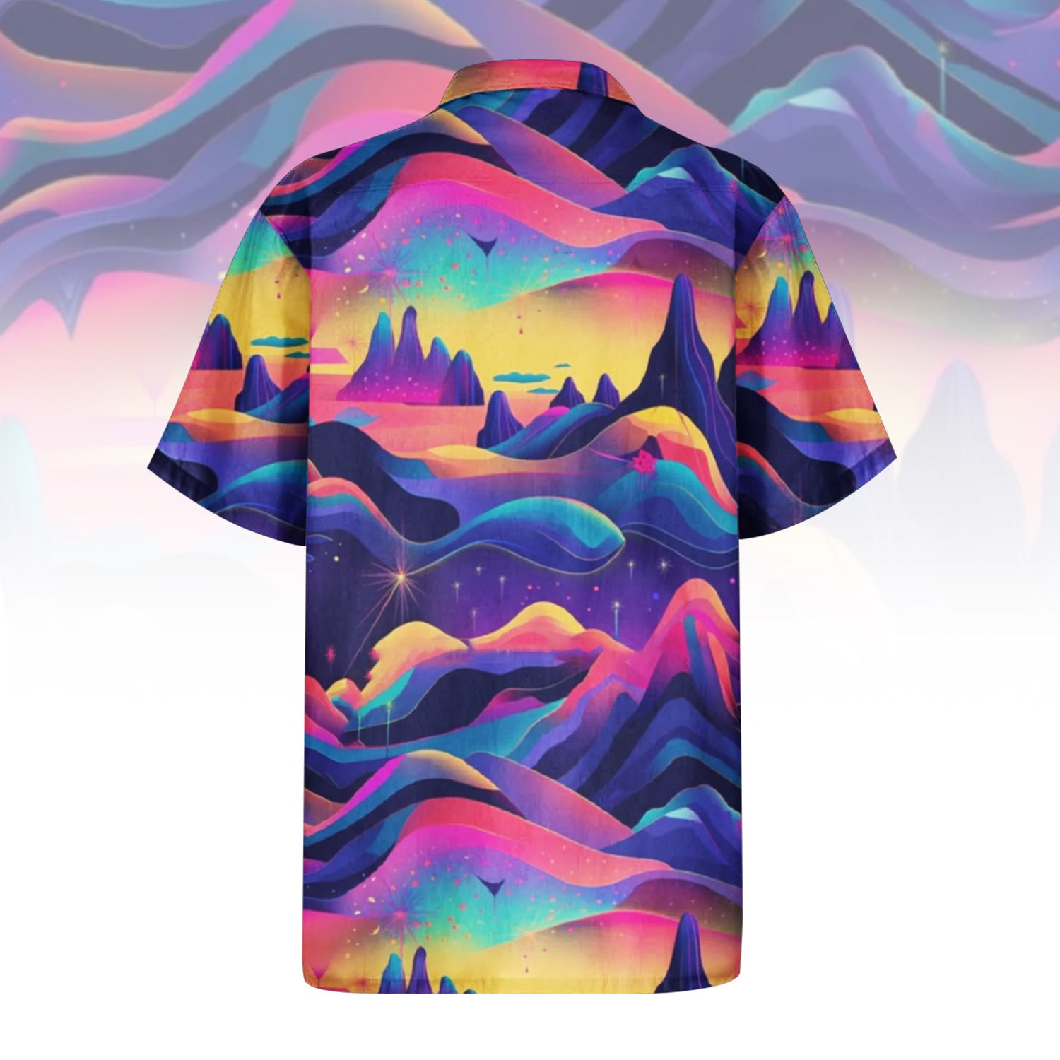 Psychedelic Rainbow Bowling Shirt with vibrant wavy landscape print.