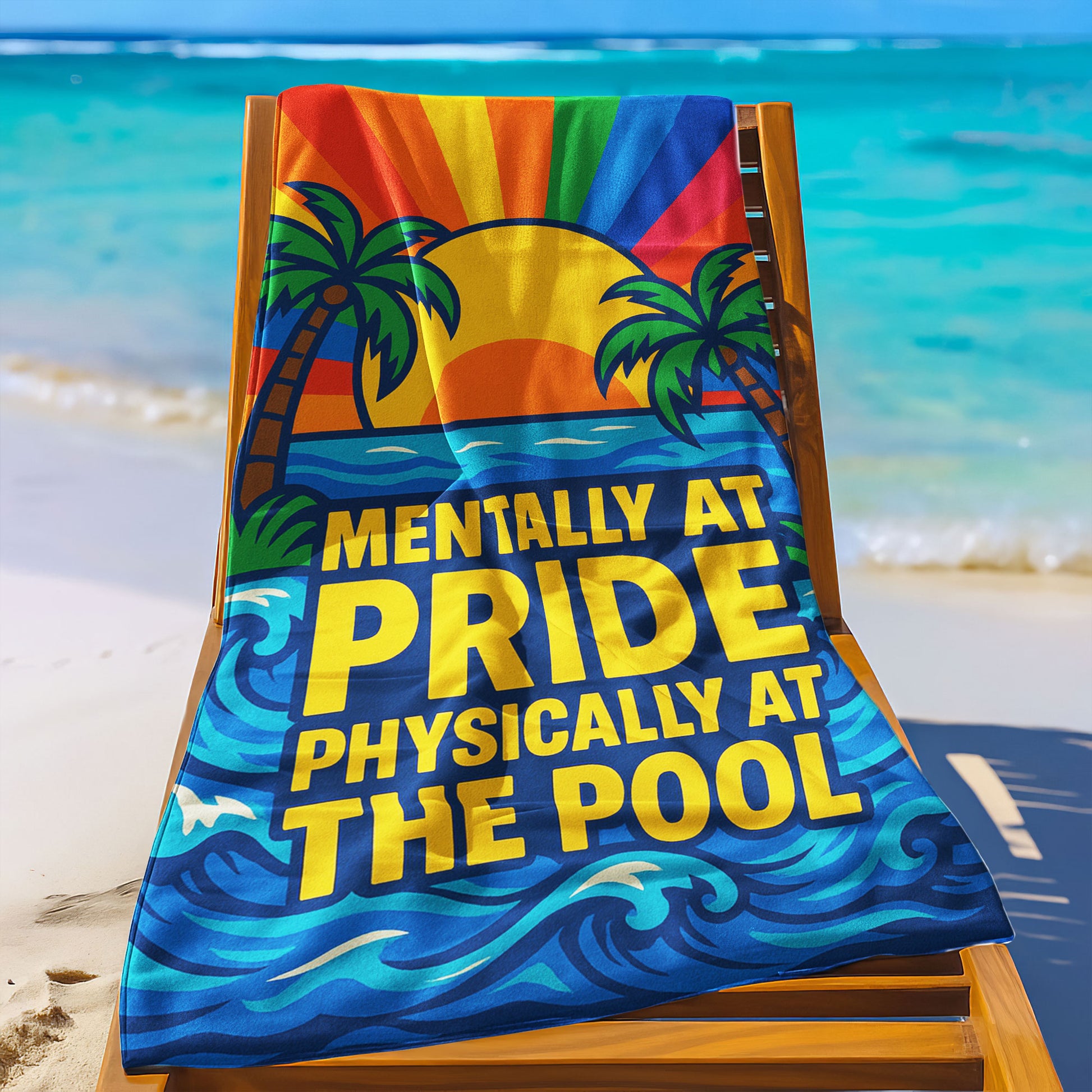 A person holding up a colorful beach towel on a sunny beach, featuring a rainbow sunset, palm trees, and the text "MENTALLY AT PRIDE PHYSICALLY AT THE POOL".