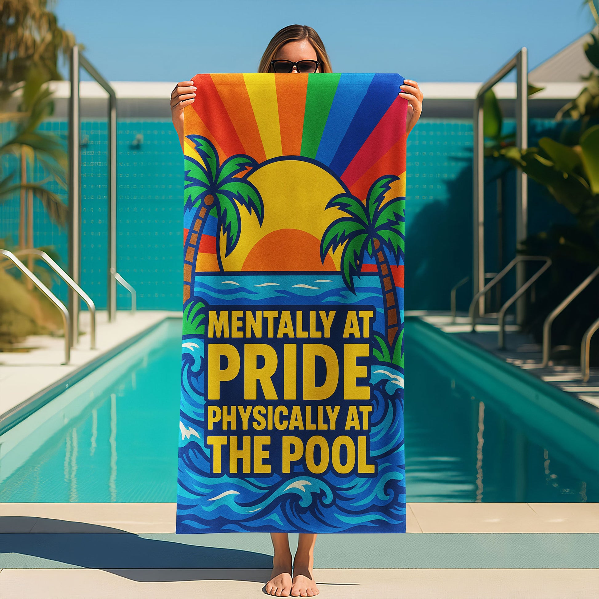 A person holding up a colorful beach towel on a sunny beach, featuring a rainbow sunset, palm trees, and the text "MENTALLY AT PRIDE PHYSICALLY AT THE POOL".