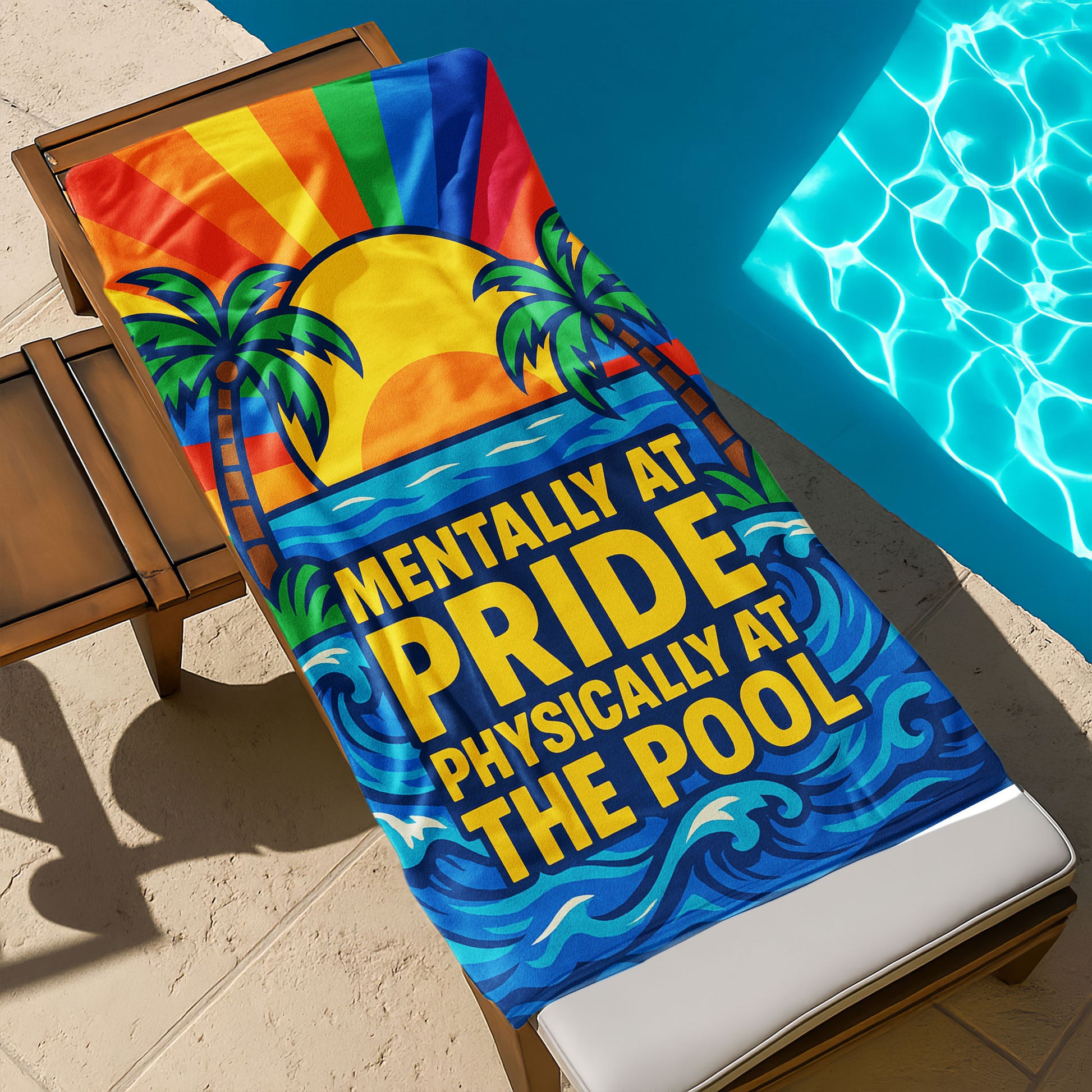 A person holding up a colorful beach towel on a sunny beach, featuring a rainbow sunset, palm trees, and the text "MENTALLY AT PRIDE PHYSICALLY AT THE POOL".