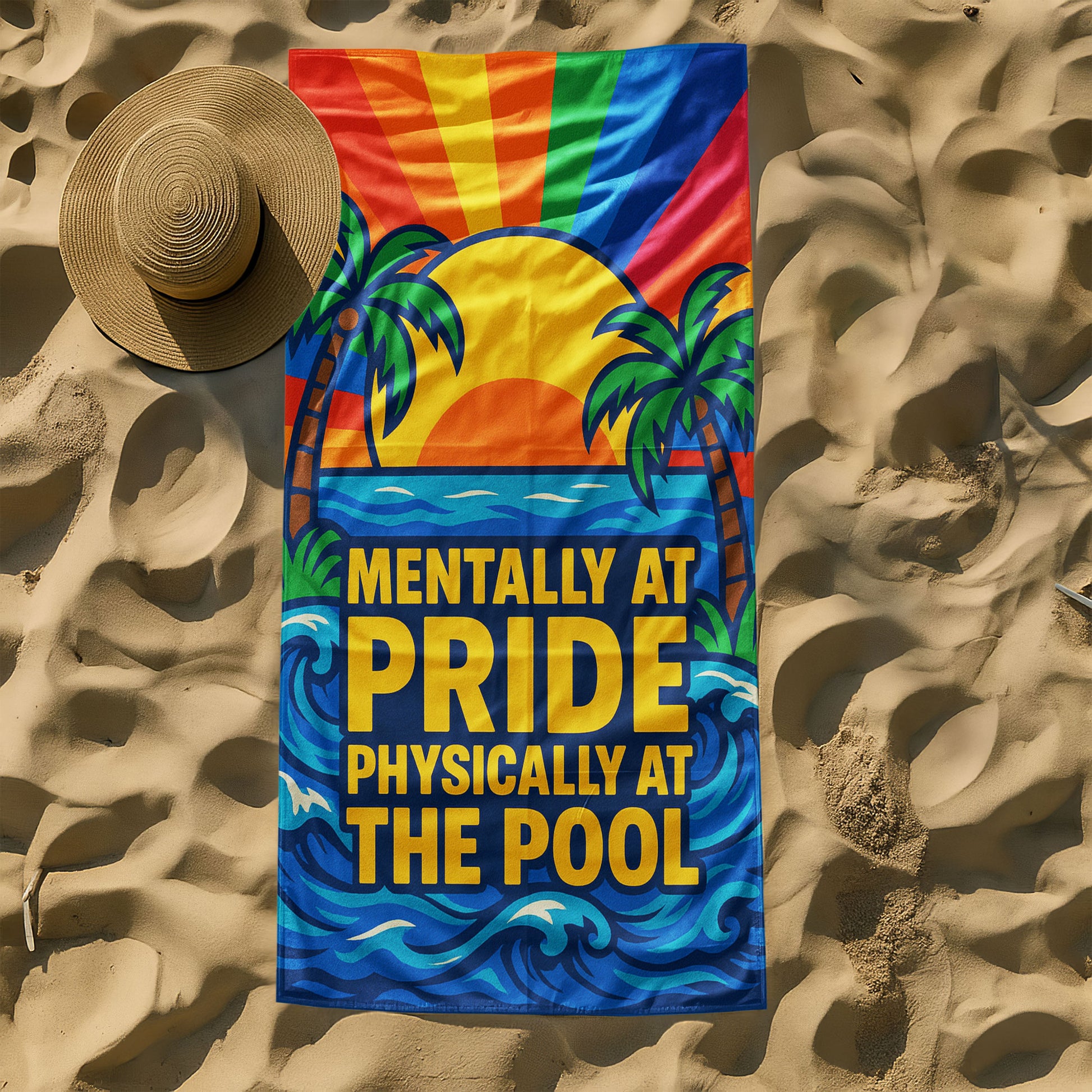 A person holding up a colorful beach towel on a sunny beach, featuring a rainbow sunset, palm trees, and the text "MENTALLY AT PRIDE PHYSICALLY AT THE POOL".