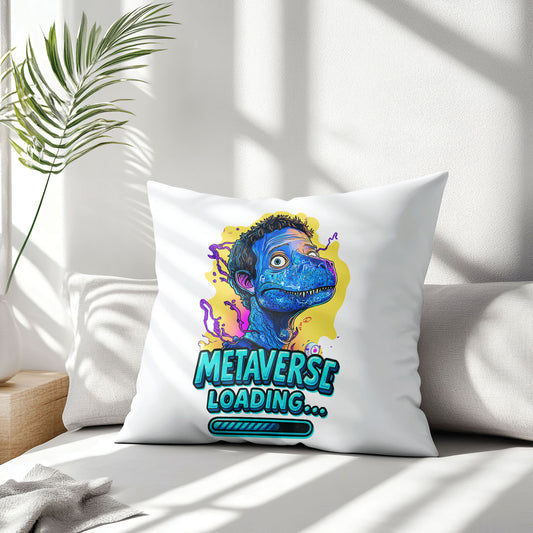 White square meme pillow featuring a blue reptilian character with curly hair and large eyes, above "METAVERSE LOADING..." text