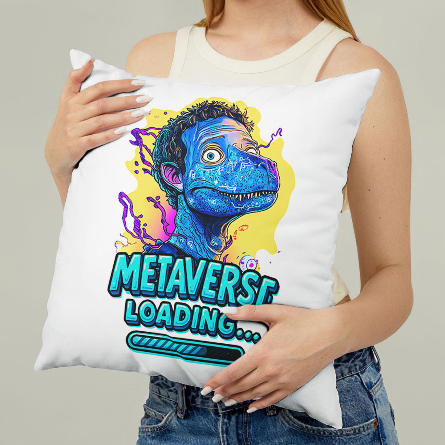 White square meme pillow featuring a blue reptilian character with curly hair and large eyes, above "METAVERSE LOADING..." text
