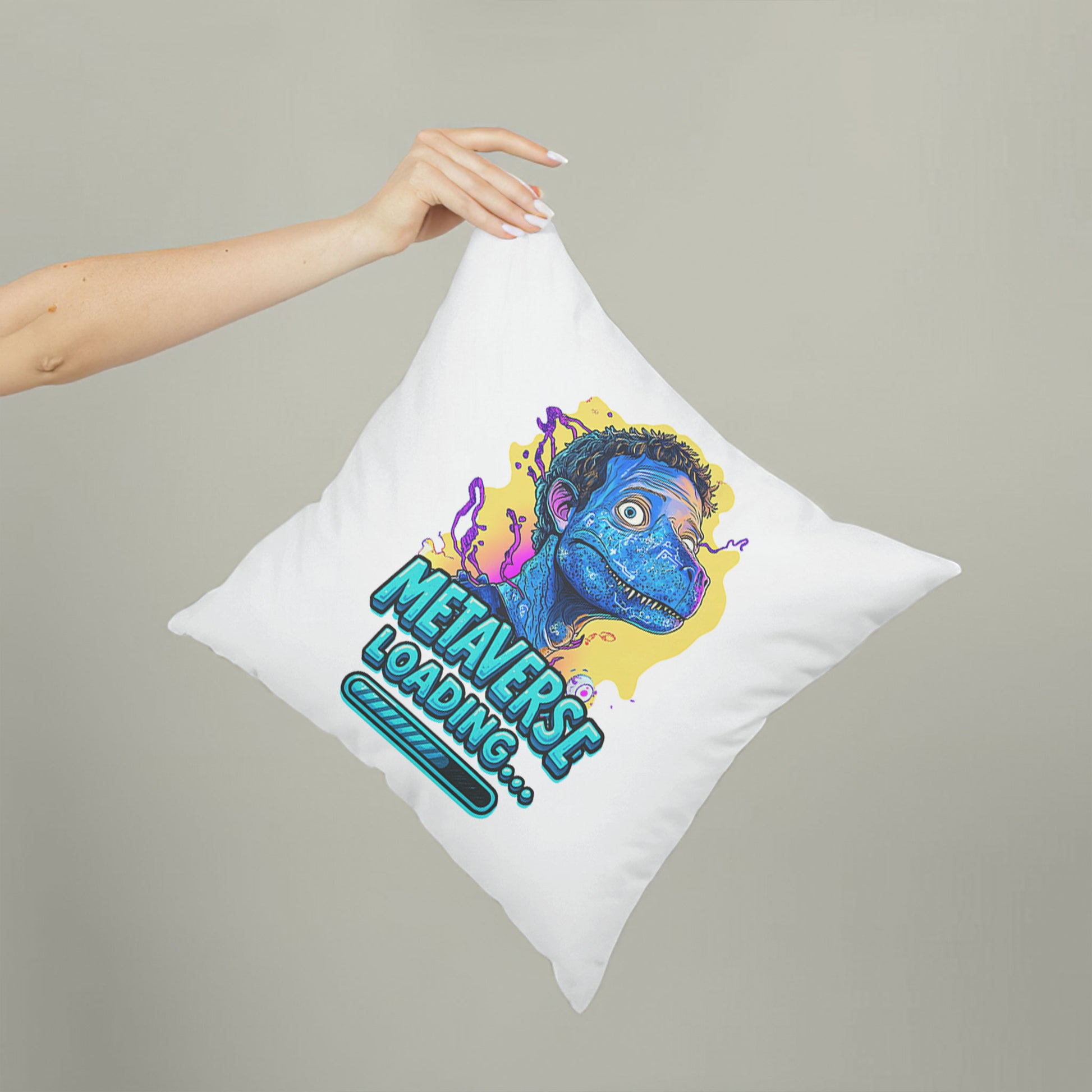 White square meme pillow featuring a blue reptilian character with curly hair and large eyes, above "METAVERSE LOADING..." text