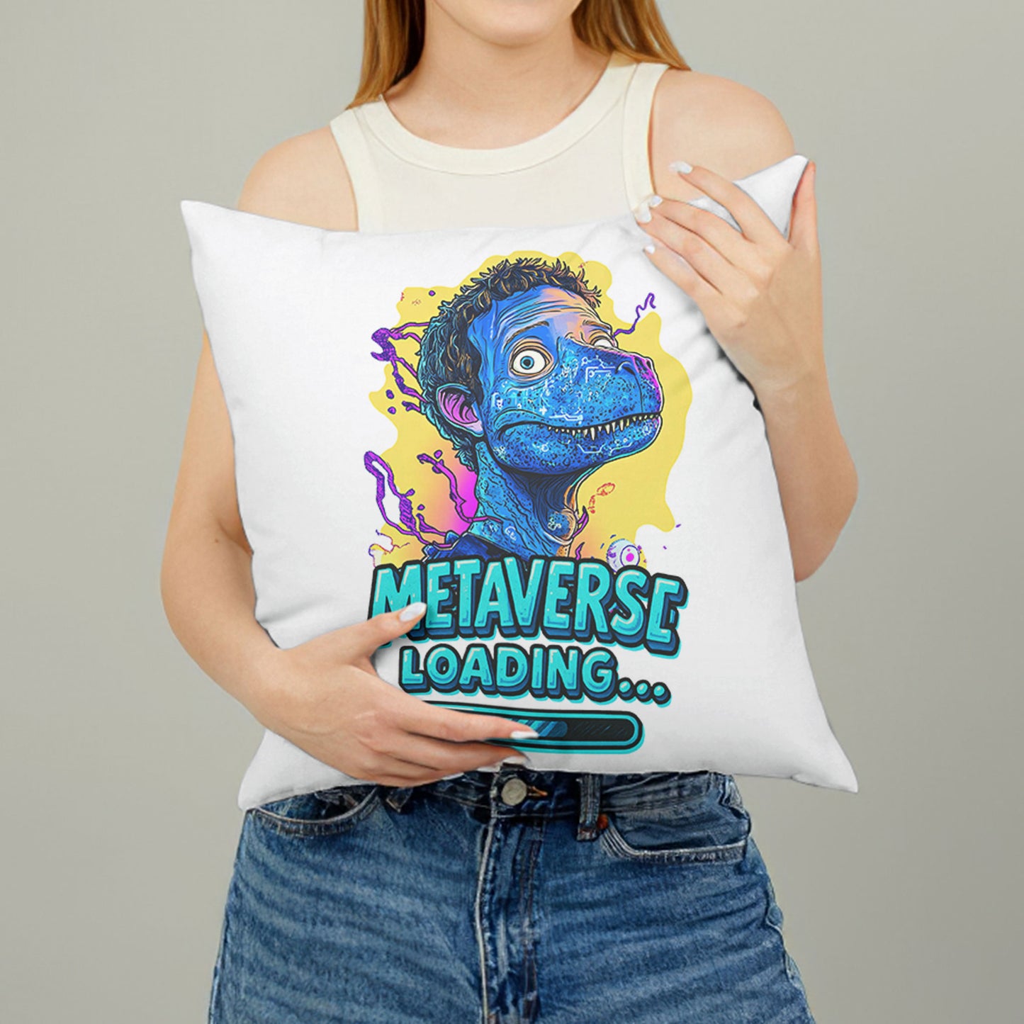White square meme pillow featuring a blue reptilian character with curly hair and large eyes, above "METAVERSE LOADING..." text