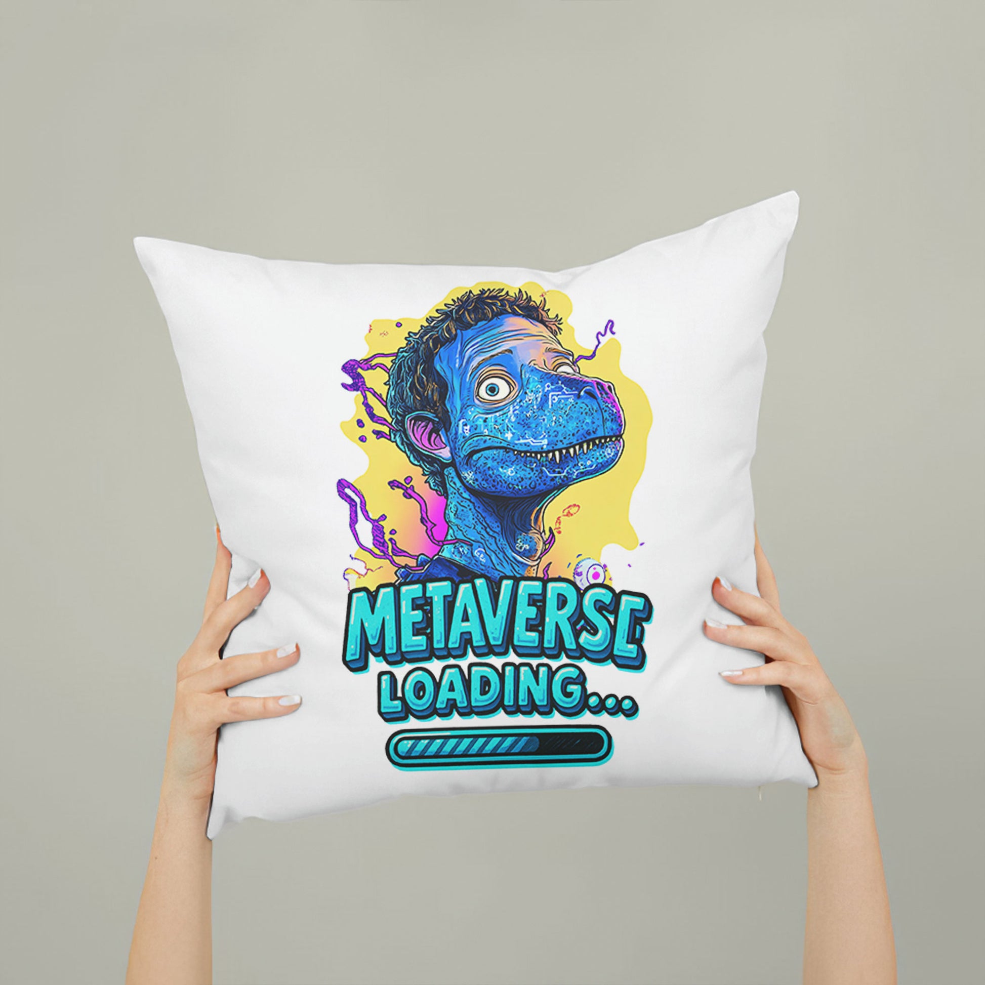 White square meme pillow featuring a blue reptilian character with curly hair and large eyes, above "METAVERSE LOADING..." text