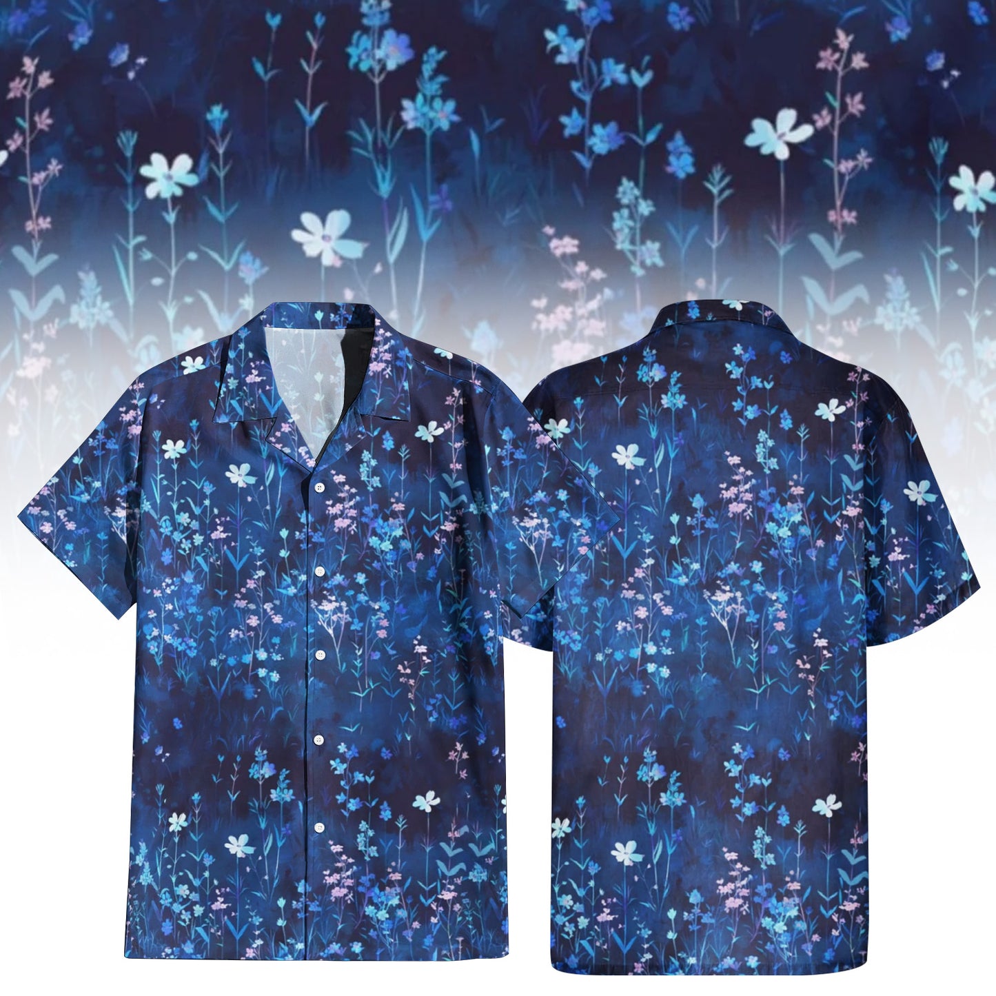 Midnight Bloom Hawaiian Shirt for Men & Women with subtle blue wildflower print