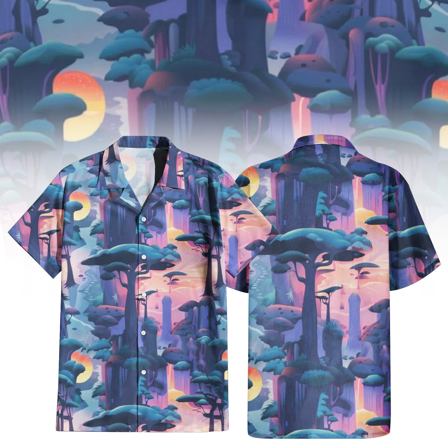 Mystical Forest Hawaiian Shirt for Men & Women with fantasy landscape print.