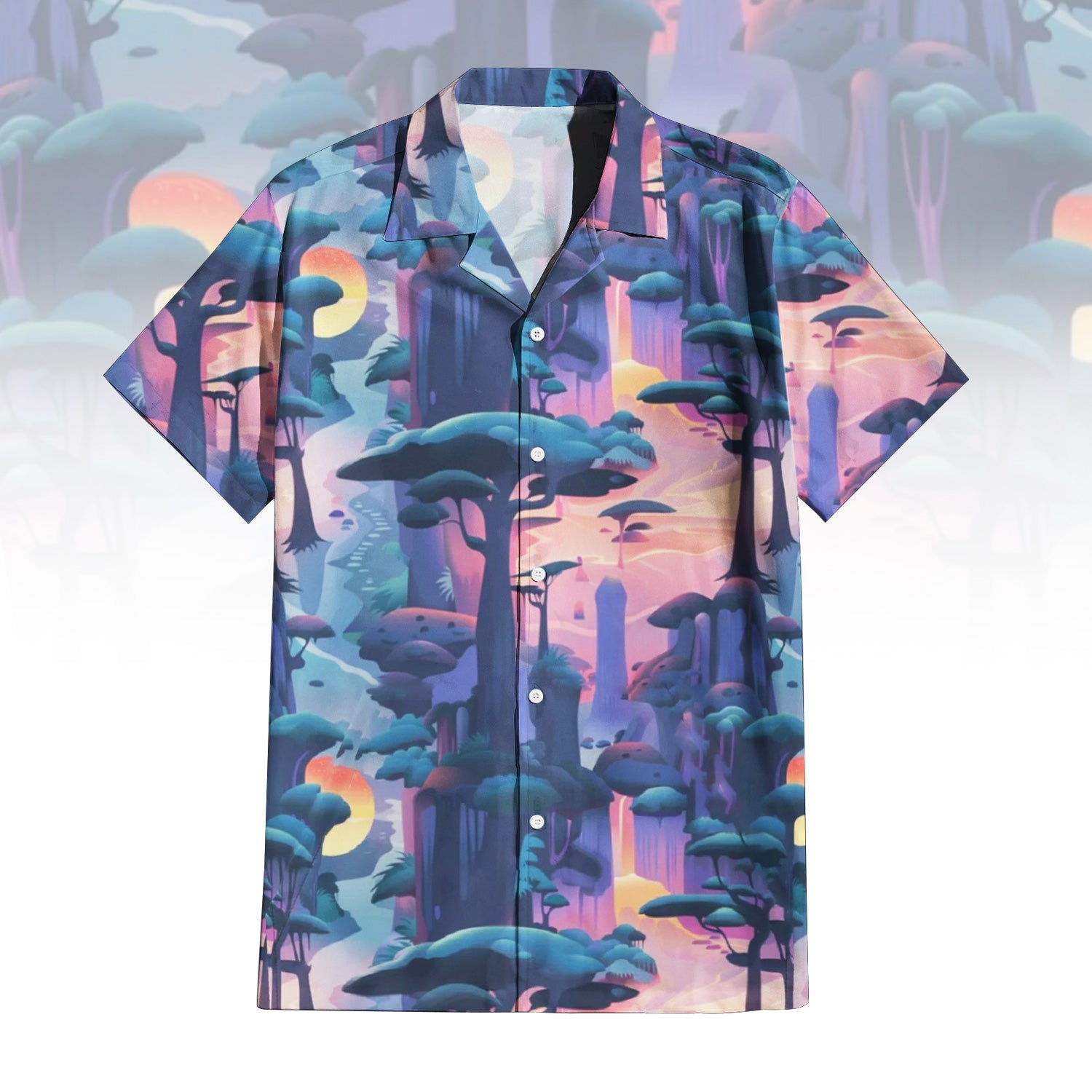 Mystical Forest Hawaiian Shirt for Men & Women with fantasy landscape print.