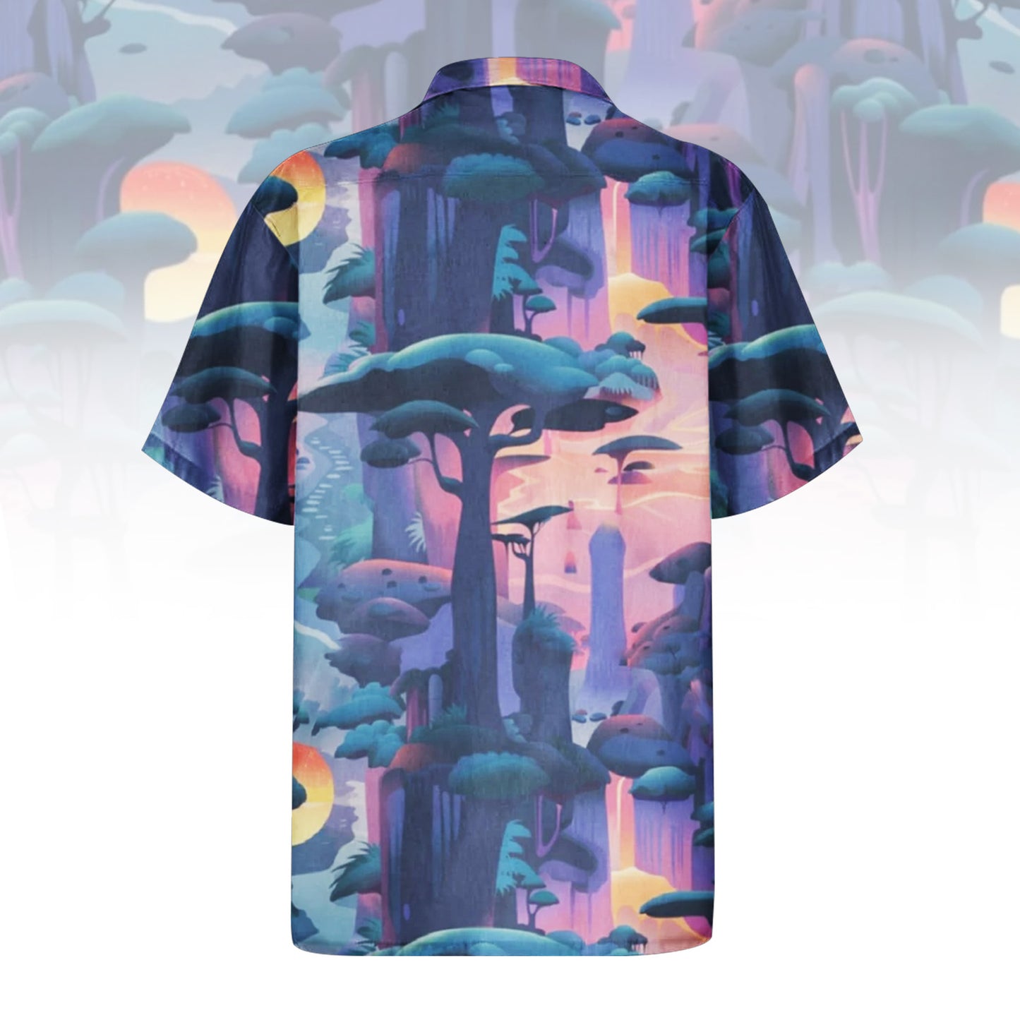 Mystical Forest Hawaiian Shirt for Men & Women with fantasy landscape print.