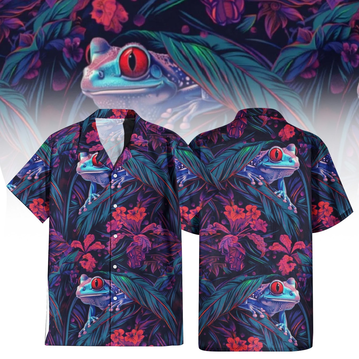 Mystical Jungle Frog Hawaiian Shirt for Men & Women with vibrant red-eyed tree frog print