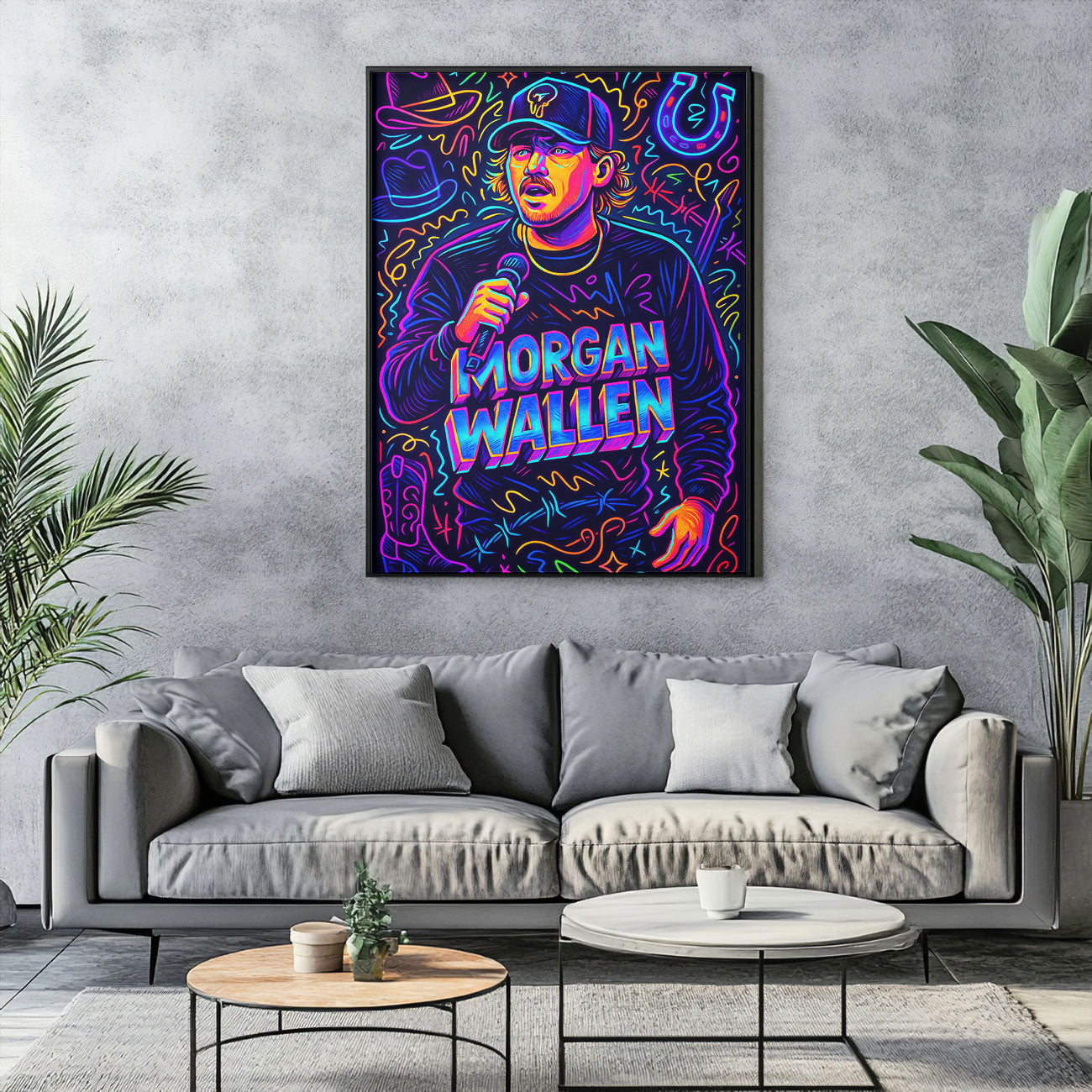 Vibrant pop art print featuring a stylized male country music star with a microphone, cowboy hat, and neon-colored musical symbols.