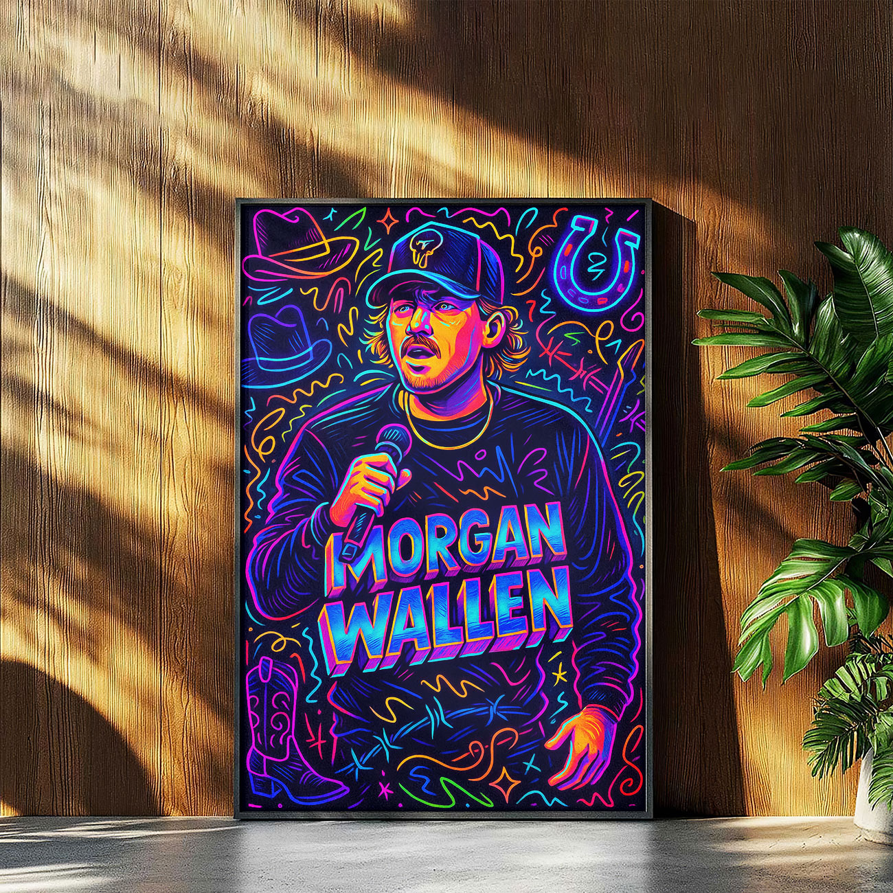Vibrant pop art print featuring a stylized male country music star with a microphone, cowboy hat, and neon-colored musical symbols.