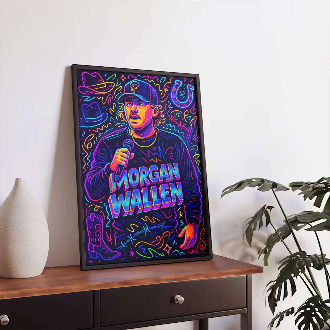 Vibrant pop art print featuring a stylized male country music star with a microphone, cowboy hat, and neon-colored musical symbols.