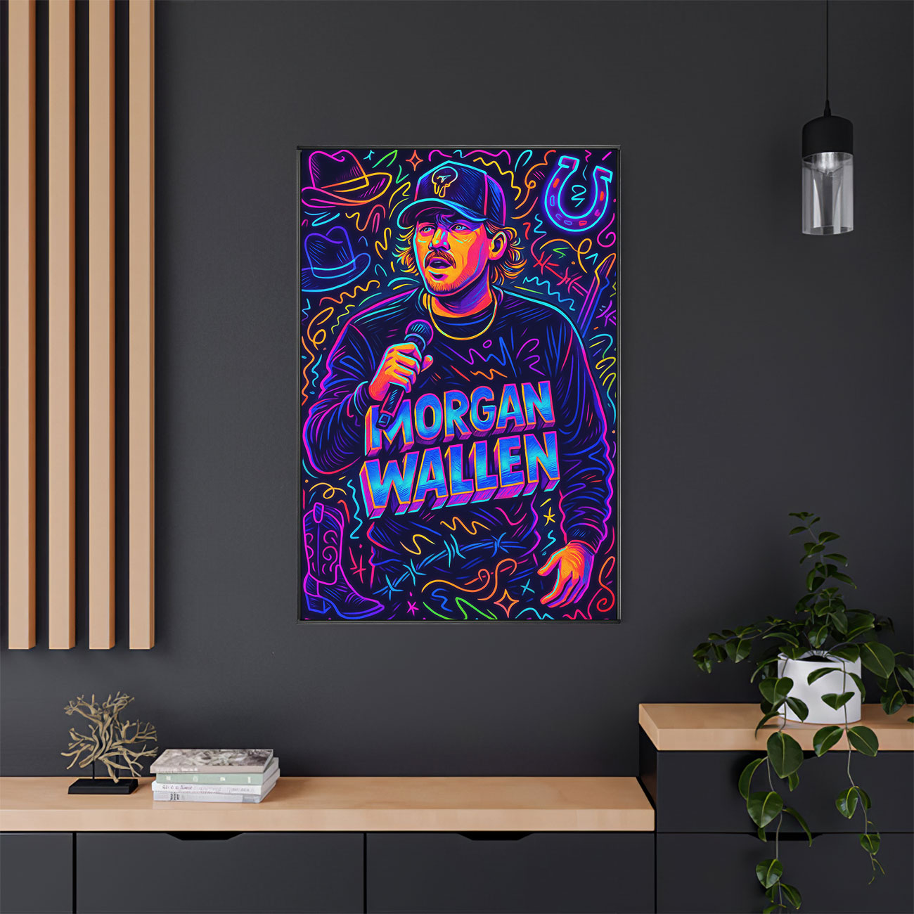 Vibrant pop art print featuring a stylized male country music star with a microphone, cowboy hat, and neon-colored musical symbols.