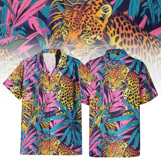  Neon Jungle Prowl Hawaiian Shirt For Men Women featuring a vibrant leopard print amidst neon pink, blue, yellow, and purple tropical leaves. Front and back view of the short-sleeve button-up shirt