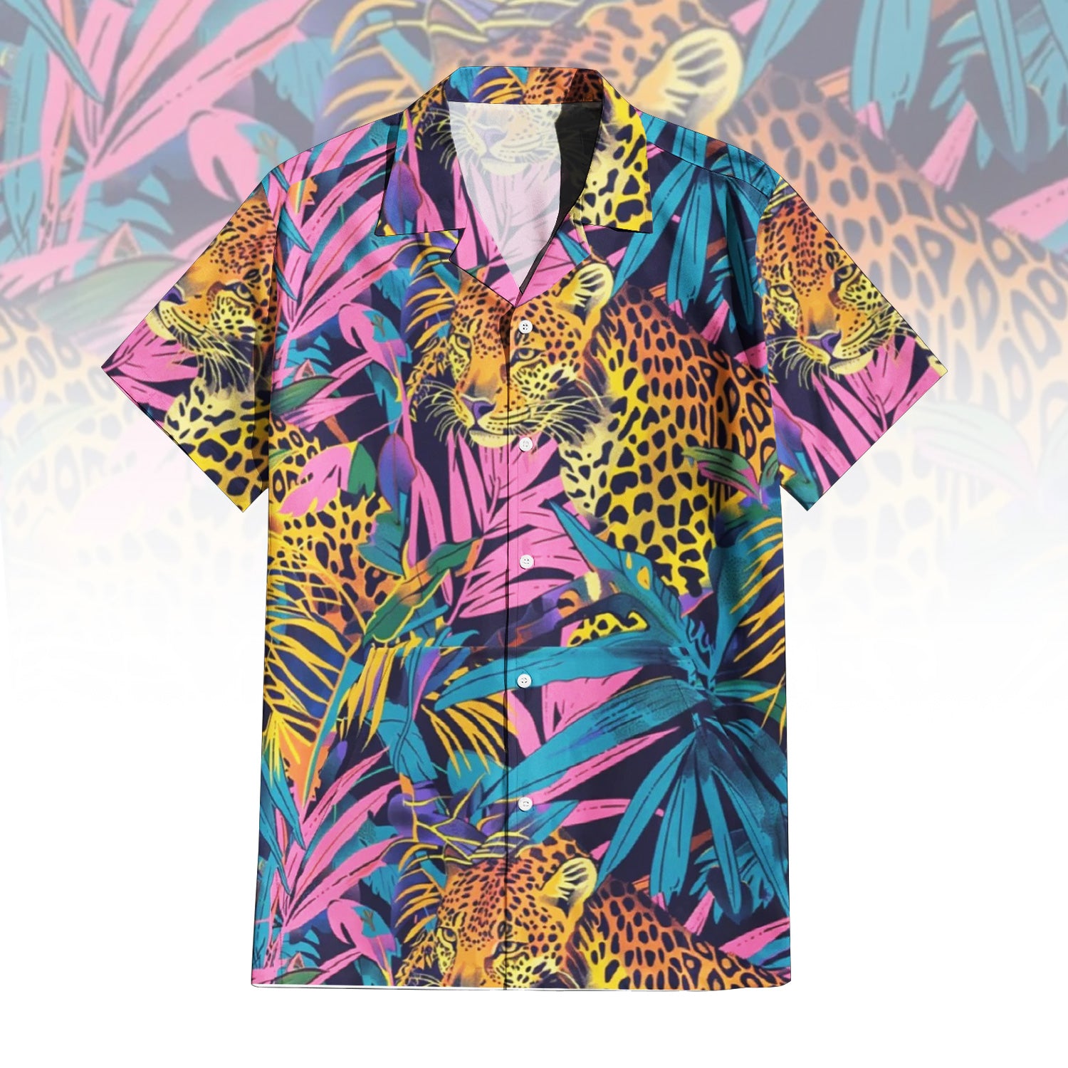  Neon Jungle Prowl Hawaiian Shirt For Men Women featuring a vibrant leopard print amidst neon pink, blue, yellow, and purple tropical leaves. Front and back view of the short-sleeve button-up shirt