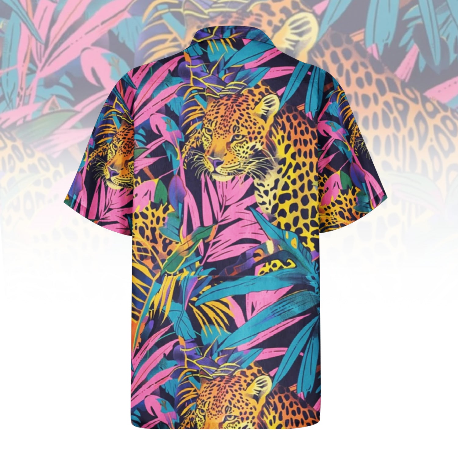  Neon Jungle Prowl Hawaiian Shirt For Men Women featuring a vibrant leopard print amidst neon pink, blue, yellow, and purple tropical leaves. Front and back view of the short-sleeve button-up shirt