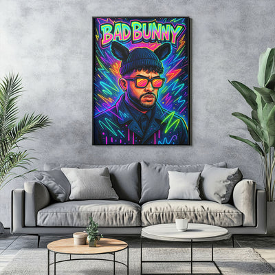 Vibrant neon pop art print featuring a stylized male Latin music artist wearing a beanie with bunny ears and sunglasses, surrounded by glowing lightning bolts and abstract neon lines on a dark background.
