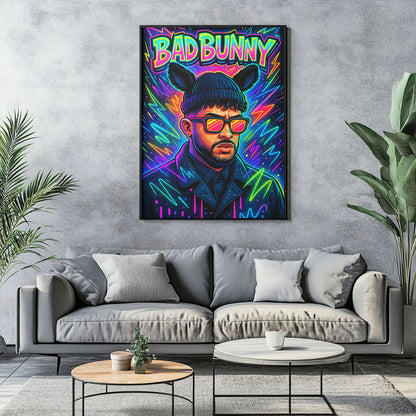 Vibrant neon pop art print featuring a stylized male Latin music artist wearing a beanie with bunny ears and sunglasses, surrounded by glowing lightning bolts and abstract neon lines on a dark background.